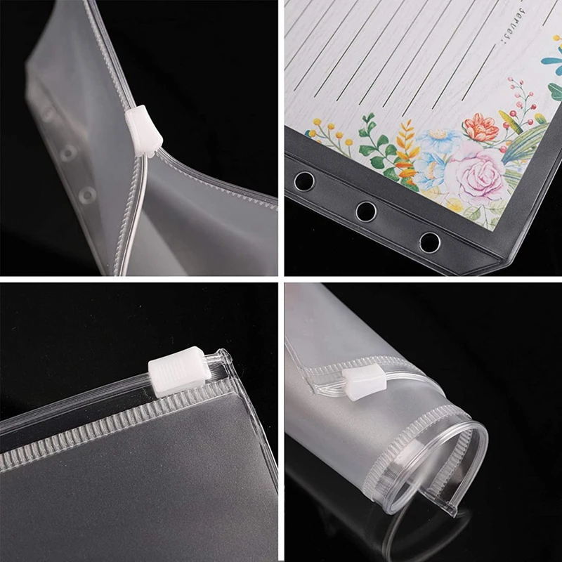 100Pcs Transparent A6 Binder Pockets 6 Holes Zipper Folders PVC Card Loose Leaf Bags Cash Envelopes for Budgeting Binder