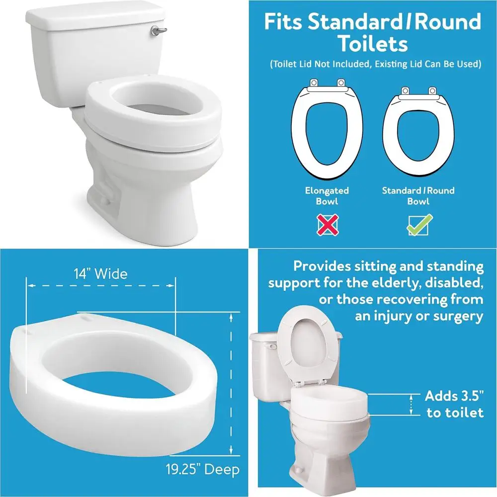 

Приподнятое круглое сиденье для унитаза от Carex, увеличение высоты 3,5 дюйма, поддерживает до 300 фунтов для полегшей сидения и изгиба.