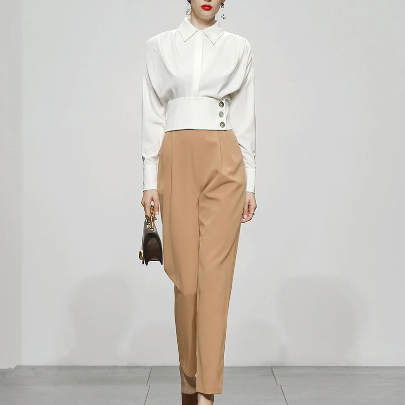 Autunno Ufficio OL Pantaloni Due Pezzi Set Nuove Donne Risvolto Collo Manica a Soffio Bottoni Camicia Sottile Bianca Top + Pantaloni Matita Formali Vestito