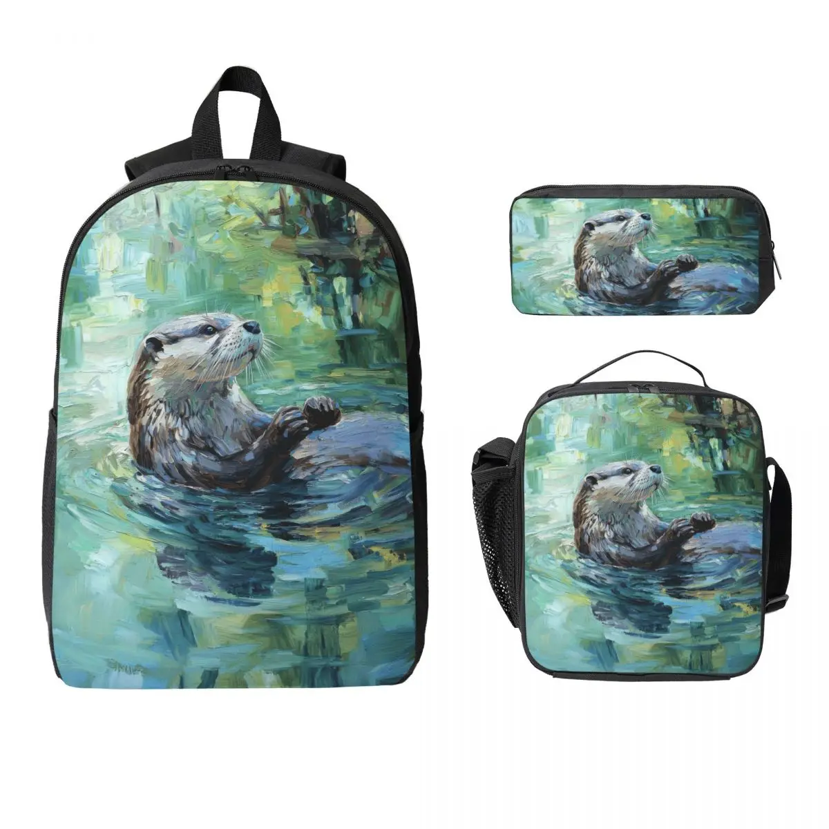 Otter Happily Playing In Water Backpack Student BookBag School Bag Computer Shoulder Bags 3ps Insulated Lunch Bag Pencil Case