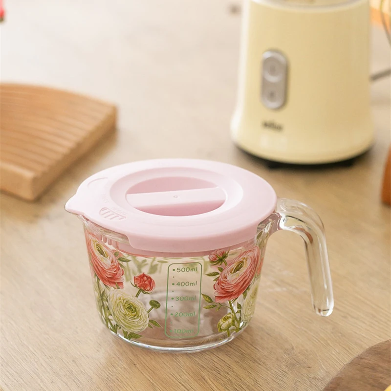 Retro Flower Measuring Cup with Lid Glass Milk Juice Cup with Scale Measuring Jars Household Kitchen Gadgets Baking Cooking Tool