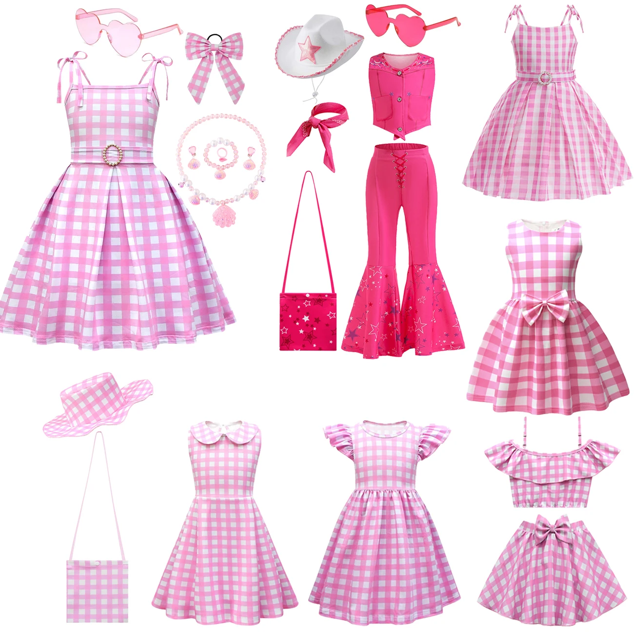 2023 Barbi Cosplay Costume for Kids Girls Birthday Party Princess Dress Movie Barbi Plaid Pink Dress Halloween Carnival Outfits