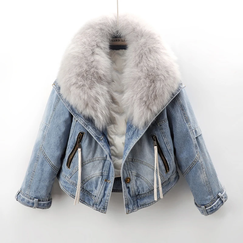 Natural Fox Fur Collar Down Cotton Liner Denim Jacket Women Cowboy Outerwear Winter Thick Warm Loose Short Jeans Jacket Female