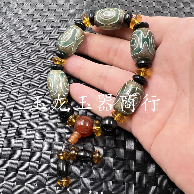 Jade bracelet agate dzi barrel bead bracelet three-eyed dzi lutong bracelet agate jade hand string text play bracelet