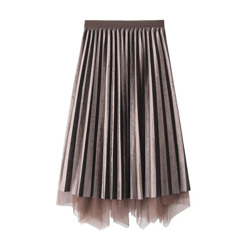 

Two sided irregular mesh gold velvet pleated skirt 2024 autumn and winter new large skirt A-line skirt mini skirt long skirt