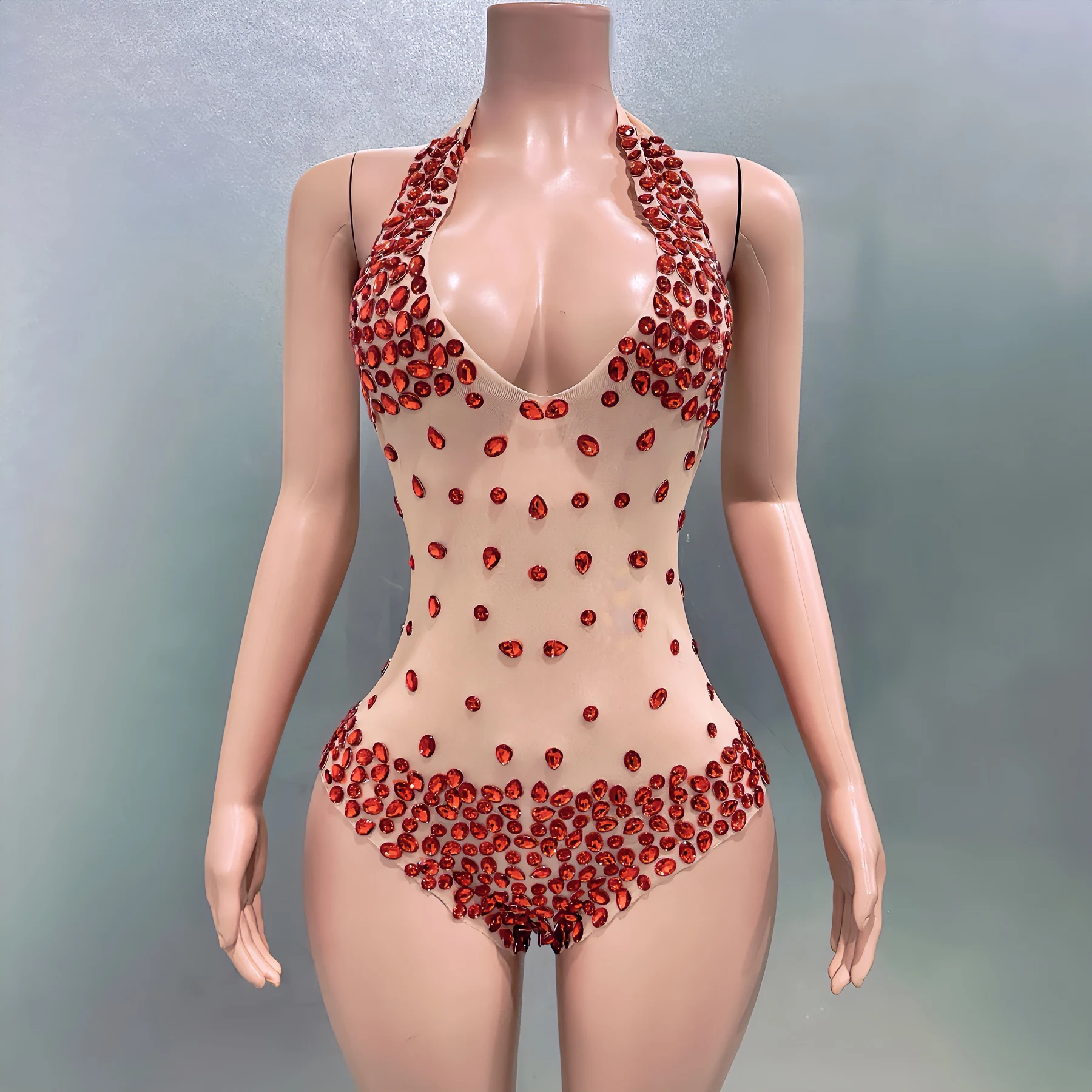 

Red Rhinestones Crytral Sexy See-Through Bodysuit Evening Party Performance Costume Bar Nightclub Singer Dancer Stage Wear