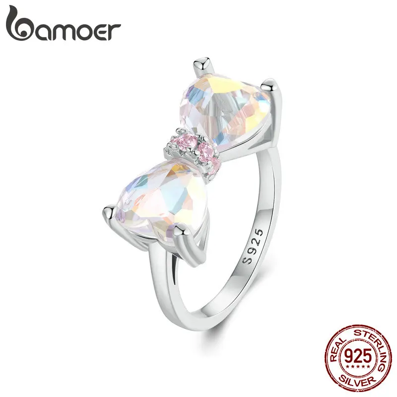 Bamoer 925 Sterling Silver Girlish Statement Ring Luxury Zircon Rings For Women Jewelry Party Birthday Gift Daily Wearable