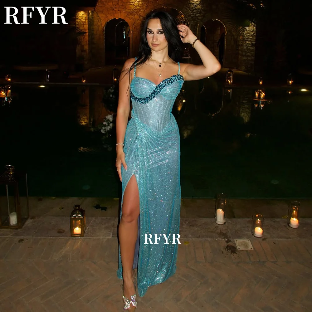 

RFYR Blue Evening Dress Beading Party Dress Crystal Stones Prom Dress Sweetheart Party Dress for Women Vestidos Customized