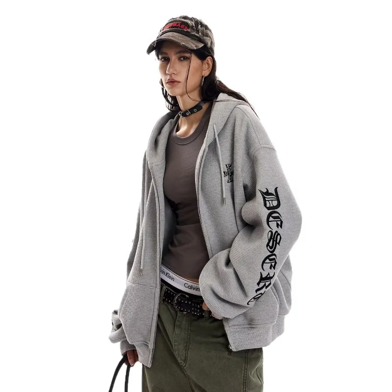 Letter Embroidery Hoodie Streetwear Women Oversized Loose Hoodies Kpop Casual Streetwear Zip Up Sweatshirts Men Harajuku Y2K Top