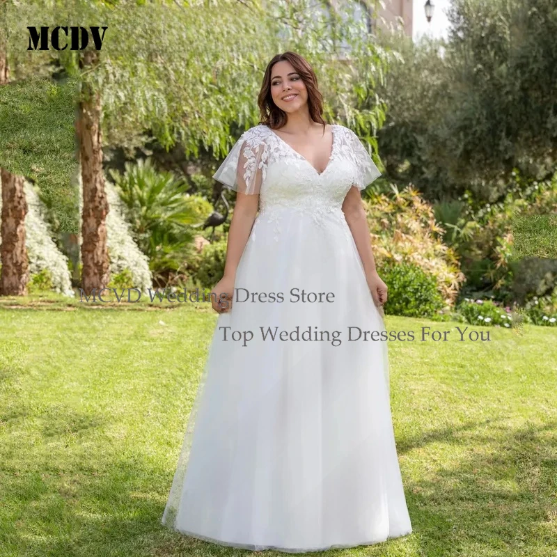 

MCDV 2026 Large Size Wedding Dresses for Bride Double V Neck Applique Tulle A Line Short Sleeves Bridal Gowns MCDV