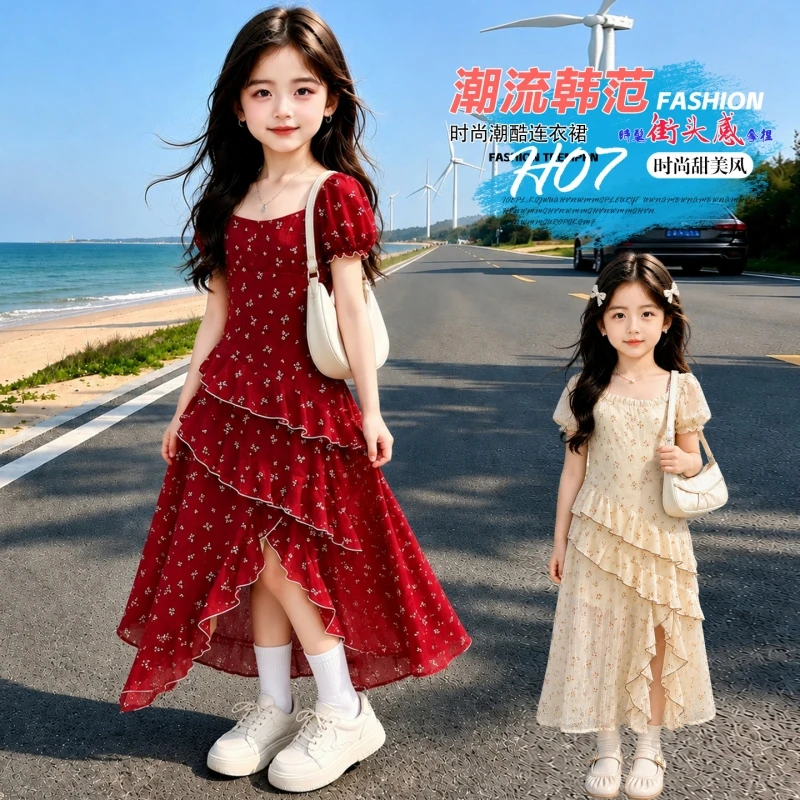 Kids Square Neck Floral Print Dress Girls Puff Sleeve Tiered Ruffle Irregular Split Hem Summer Vacation Outfit 6-14 Years Old