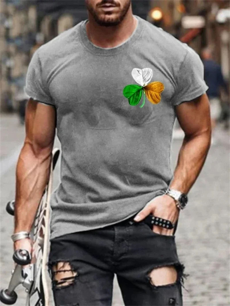 Men's Irish Flag Clover Print T Shirt Short Sleeve Crew Neck St Patricks Day Casual Top
