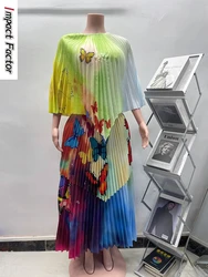 Miyake Fold 2024  Summer New Butterfly Pattern Color Suit Bat Sleeve Shirt Pleated Louver Skirt Two-piece Set