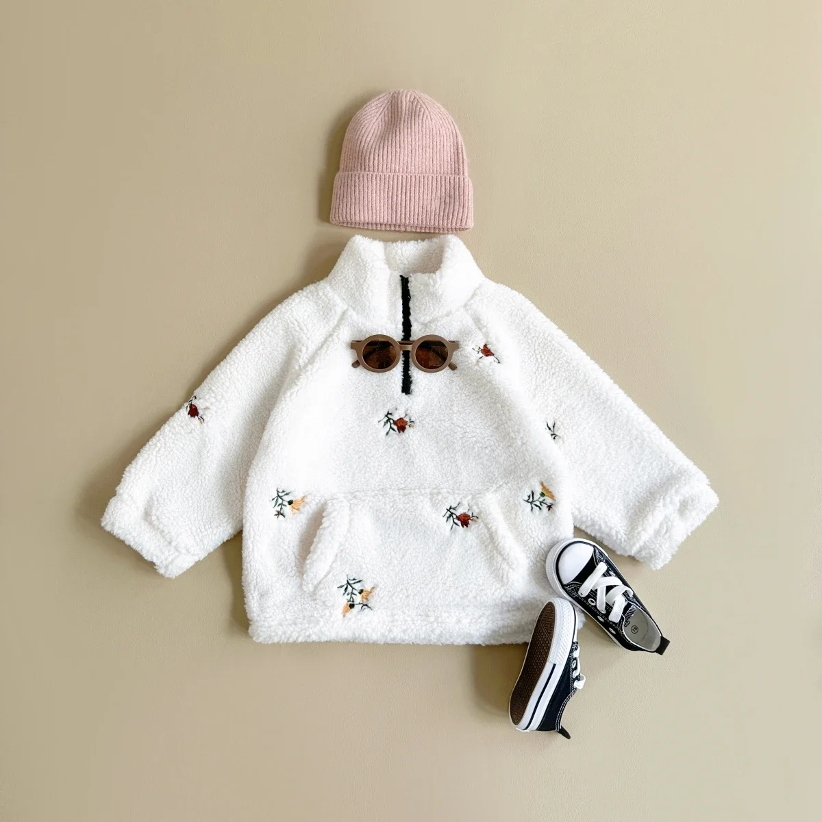 Winter New Korean Cute Baby Girl Lamb Wool Warm Coat with Flower Exquisite Embroidery Zipper Jacket for Children\'s Plush Top