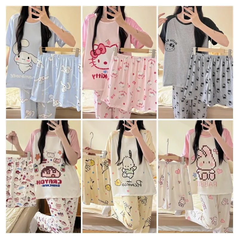 

Hello Kitty Cotton Loose Ladies Three-piece Pajama Pants Pyjama Trousers Sleeve Shorts Sleep Bottoms Lounge Wear Summer Pants
