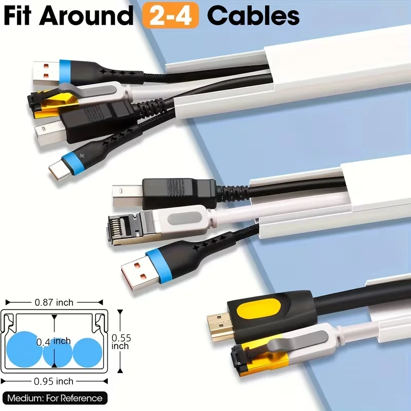 Cord Hider, Cable Raceway Cord Cover 6-Piece Set/10-Piece Set/15Piece Set- Self-Adhesive Paintable Wire Hiding Channel (W0.95×H0.55in, White) For Home Office Desk Wall TV