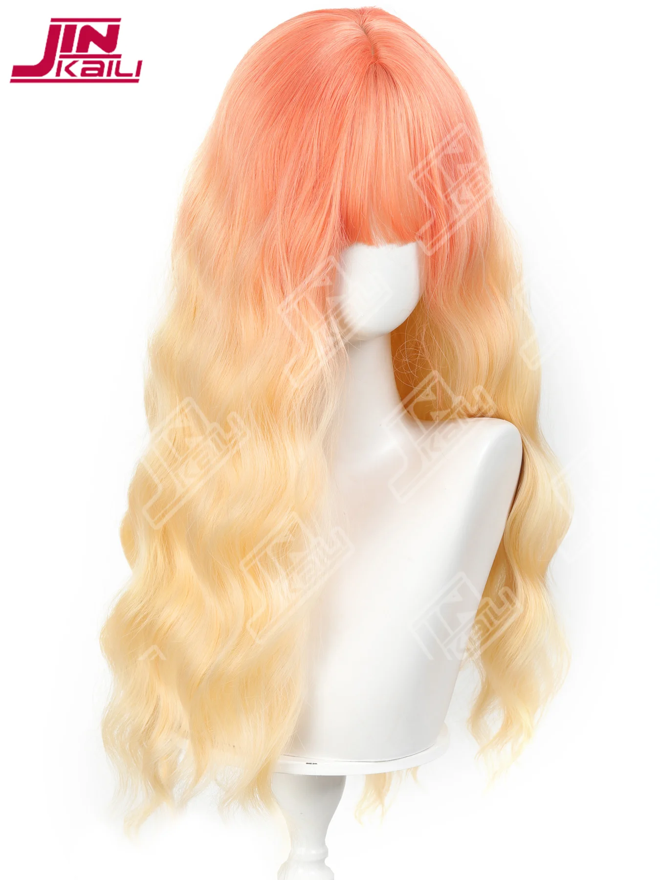 JKL برتقالي أحمر متدرج بيج اصطناعي طويل مجعد لوليتا شعر مستعار رقيق موجة المياه تجعيد الشعر مع الانفجارات الوسطى شعر مستعار مناسبة للنساء #4