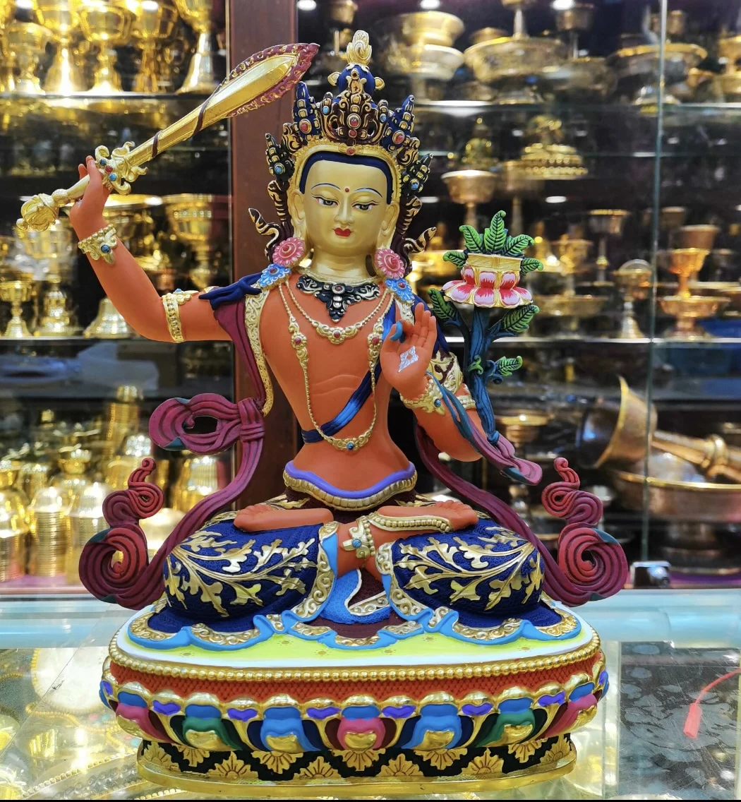 31cm large Buddhism TOP grade color Painted copper Manjusri Bodhisattva Buddha statue HOME Temple Worship efficacious protection