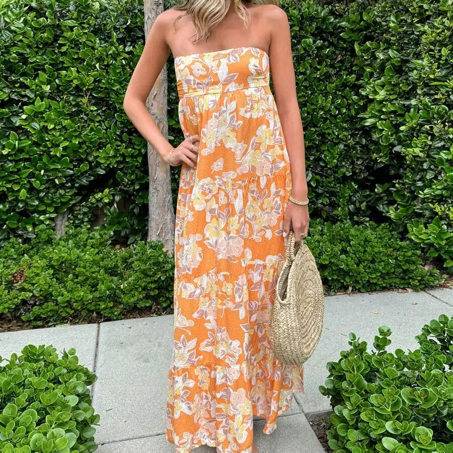 

Orange Floral Strapless Maxi Dress with Tiered Ruffles Boho Beach Style