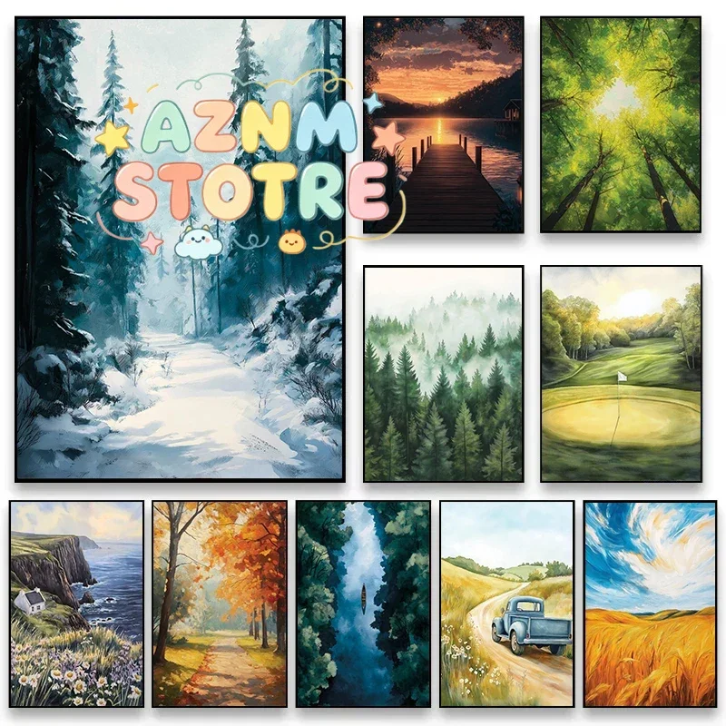 Four Seasons Landscape Farm Garden Tranquil River Canoe Mountain Peak Poster Canvas Paintings Paint Wall Art Pictures Home De