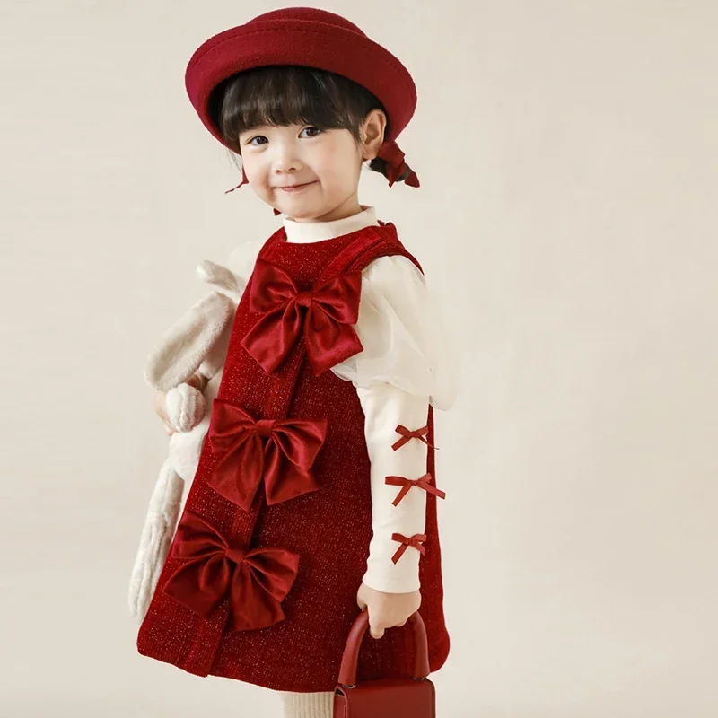 Children\'s Christmas Dress, Autumn Winter Girls Velvet Thick Bottoming Bow, Christmas Dress For Girls  Red Baby Dresses 90-130cm