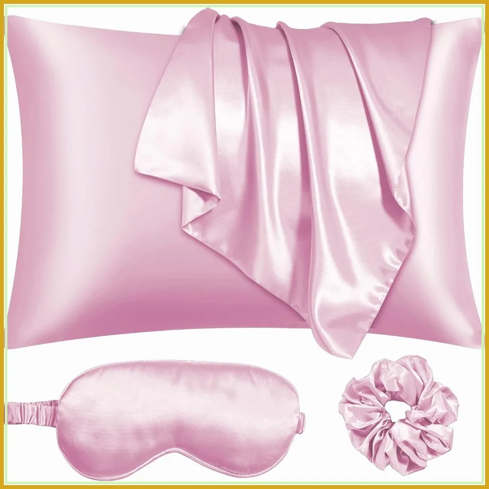 Vegan Silk Pillowcase Set for Hair and Skin - 2 Standard Pillowcases, 1 Eye Mask, 1 Scrunchie - Envelope Closure