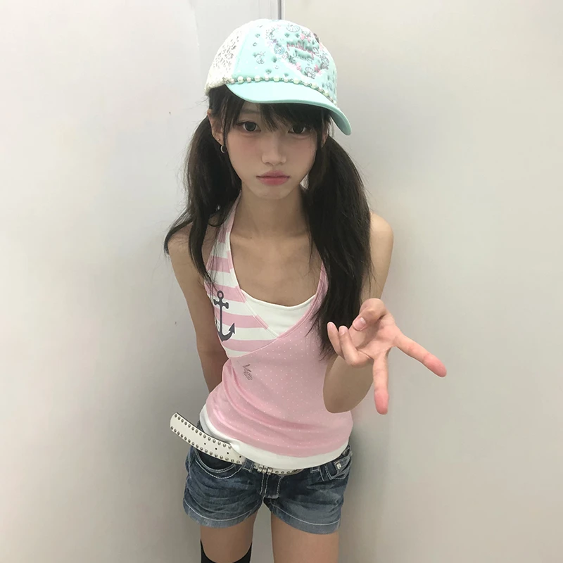 Karrram Japanese Y2k Pink Halter Tops 2000s Cutecore Rhinestone Print Tank Top Vintage Harajuku Patchwork Sleeveless Top Kawaii