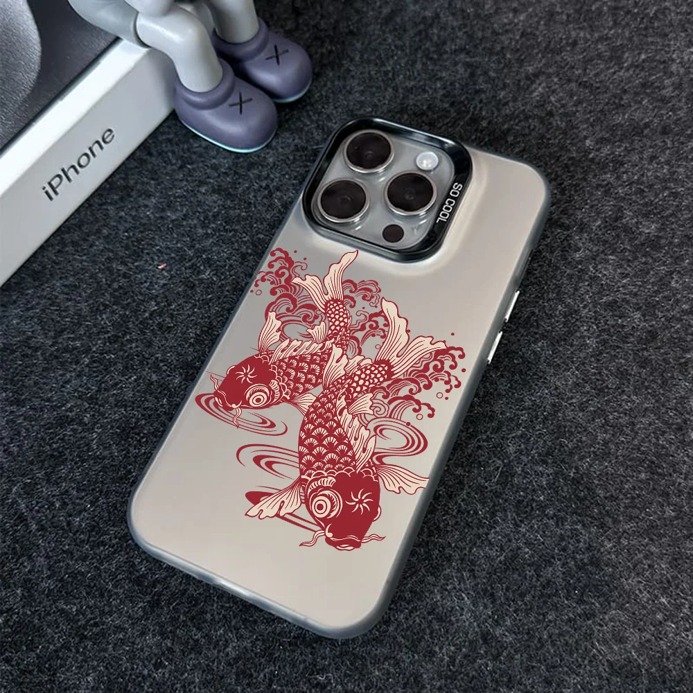 Red Koi Phone Case IMD Color Silver Shell For IPhone 16 15 14 13 12 Pro Max Plus