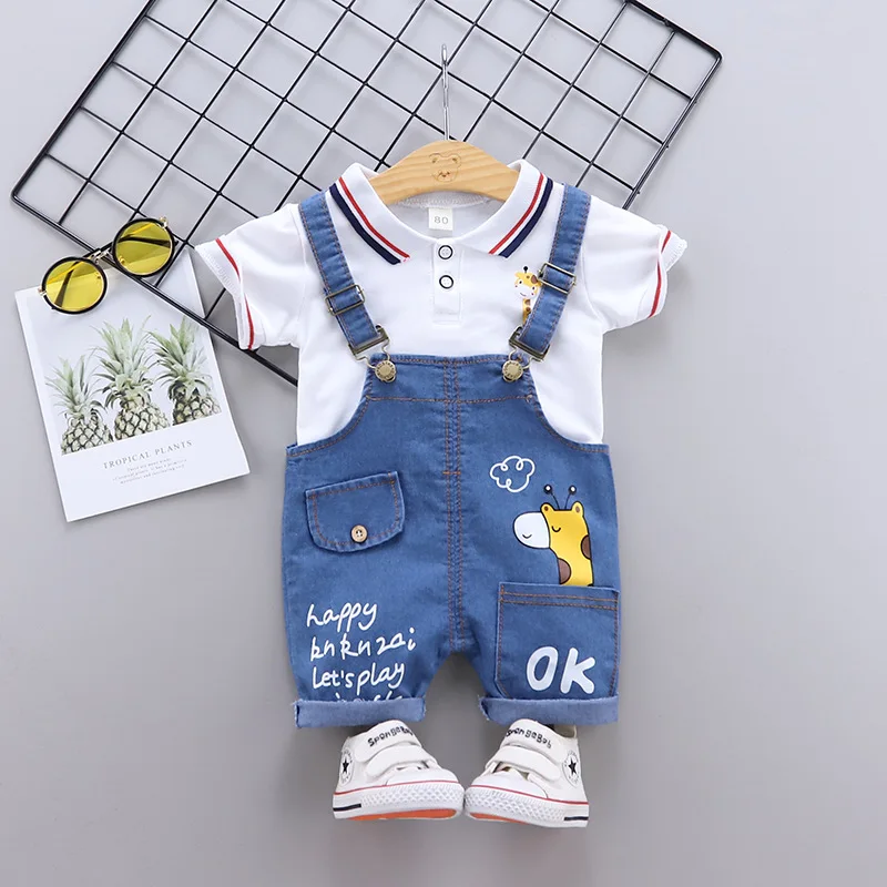 Stylish Boy Suspender Pants Two-Piece Set Toddler Casual Shirt with Suspender Jeans Set Baby Cartoon Shorts Short Sleeve Set