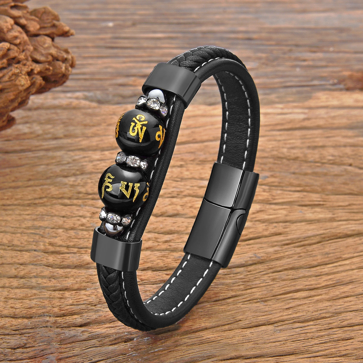 High Quality Natural Onyx Tiger Eyes Lava Stone Braclet Homme Stainless Steel Clasp Weave Leather Braslet Pulsera Hombre Gifts