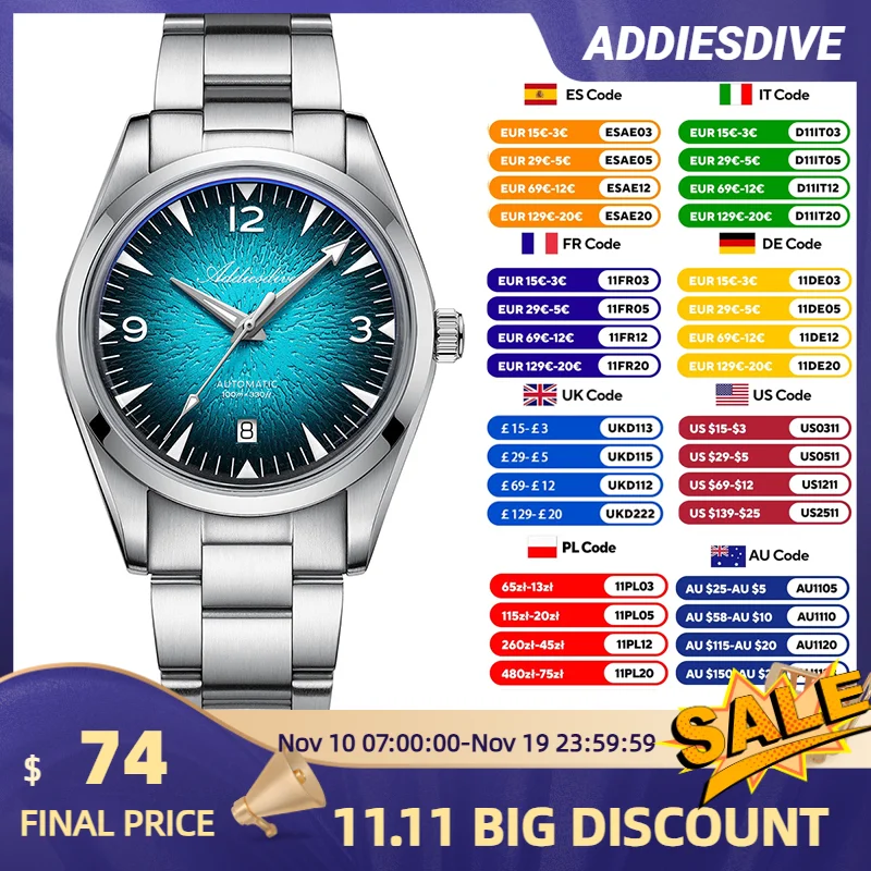

ADDIESDIVE Роскошные автоматические механические часы Япония 8215 Ocean Wave Dial Bubble Glass BGW9 Super Lume Сталь 316L 100 м Водонепроницаемые