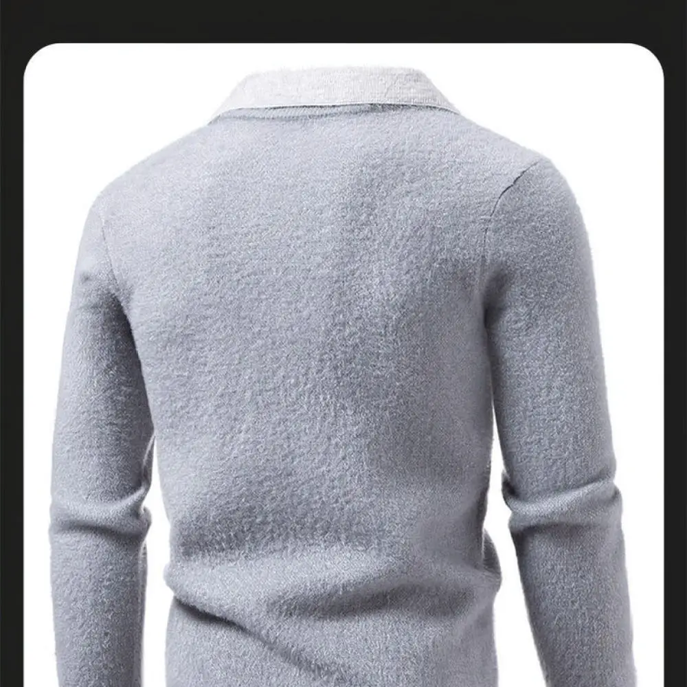 Casual Mens Pullover Knitwear Fake Two Piece Polo Collar Long Sleeve Contrast Color Warm Sweater For Winter Fashion