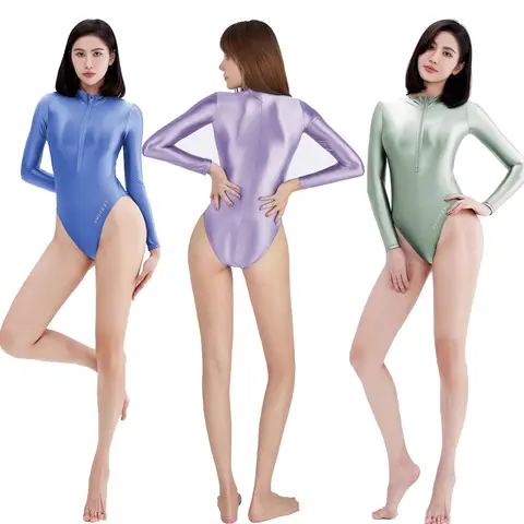 AMORESY 여성 광택 부드럽고 매우 얇은 긴 소매 하이 컷 수영복 원피스 스트레치 스타킹 수영복 레오타드 수영복