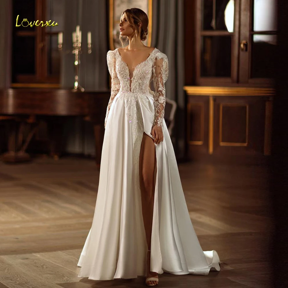 Loverxu A-Line Chic Wedding Dresses Scalloped Long Sleeve Vestido De Novia Lace Embroidery Matte Satin Custom Made Bridal Gown