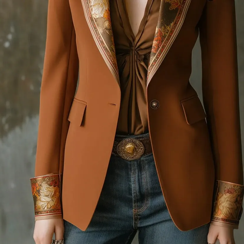 New Western Retro Caramel Color Maillard Embroidery Light Maturity Collar Overlay Seamless Slim Fit Suit Jacket