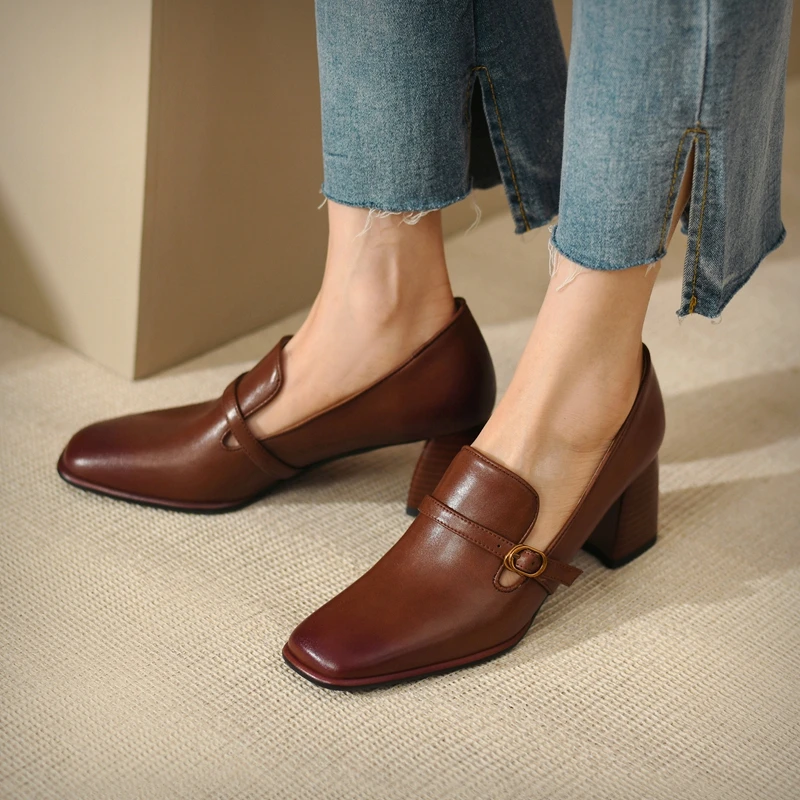 2022 New Square Toe Slip On Women Shoes Genuine Leather Shallow Ladies Shoes Spring Autumn Concise Square High Heels Size34-42