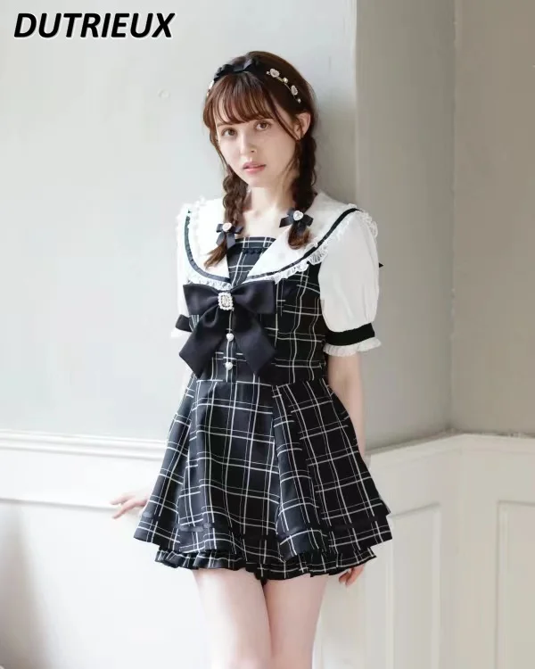 

Summer New Rojita Japanese Style Mine Mass-Produced Bow Tops Cute Sweet Sailor Collar Sailor Suit Shirt + Shorts Two Piece Set