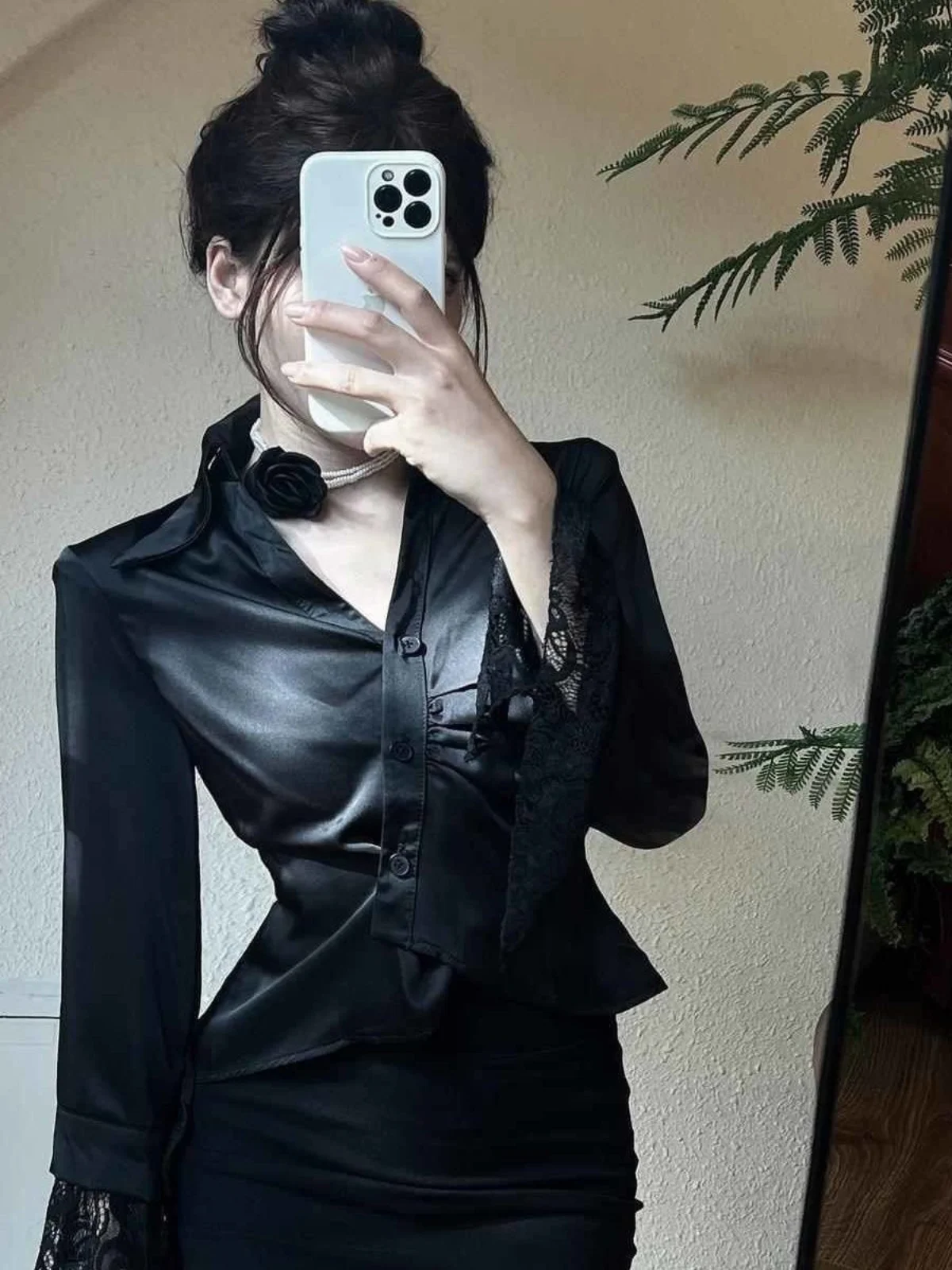 

Ele Lace Splice Long Sve irt Женская осенняя новинка Sle для похудения талии Дизайн Faionable Busin Casual irt