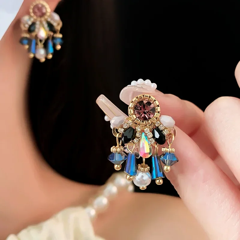 Rhinestone Colorful Round Water Drop Pearl Crystal Wind Chime Tassel Stud Earrings for Women French Vintage Luxury Jewelry Gifts