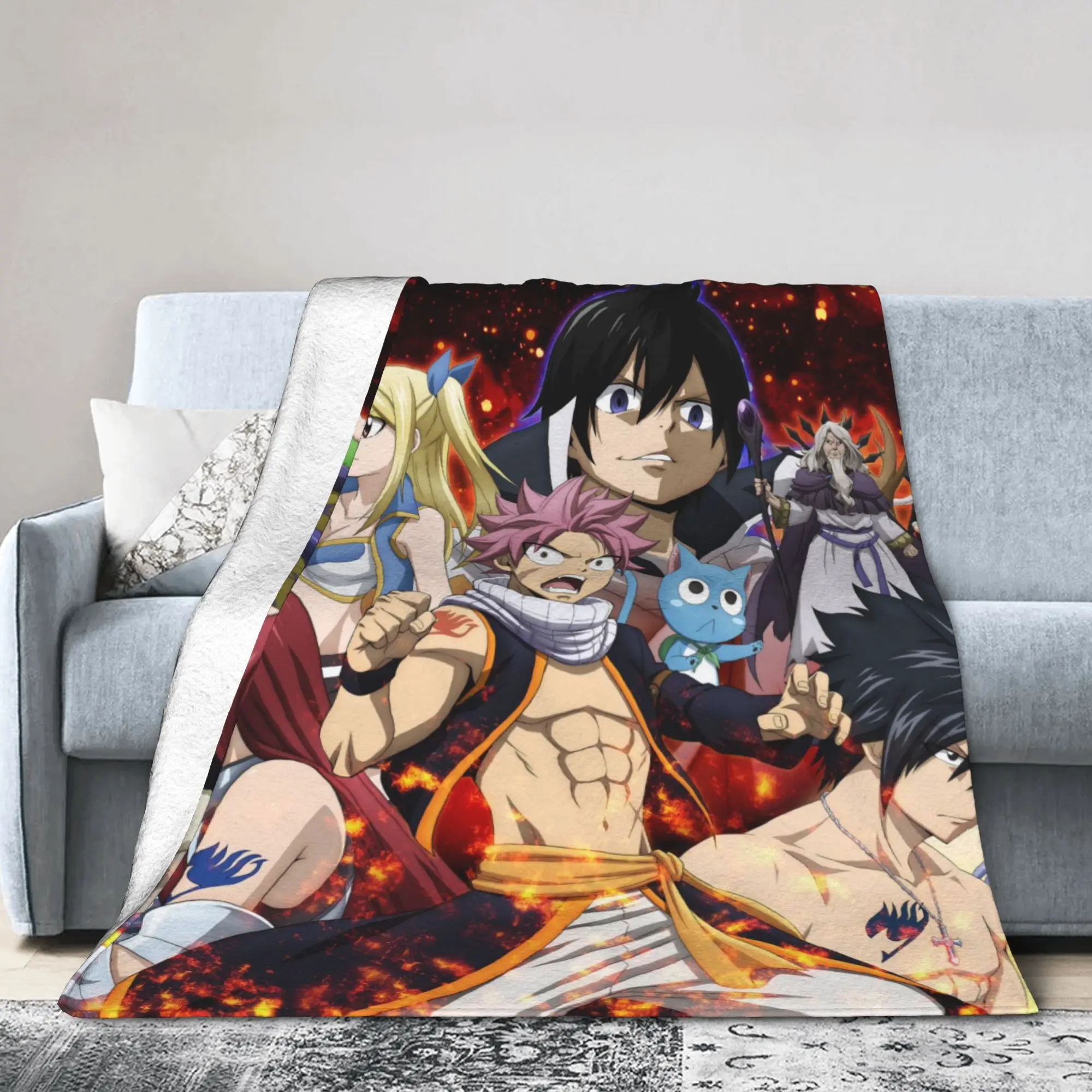 Natsu Erza Lucy Gray Flannel Blanket Fairys Tails  Anime Awesome Throw Blankets for  Sofa Bedding Lounge 200x150cm Bedspread,
