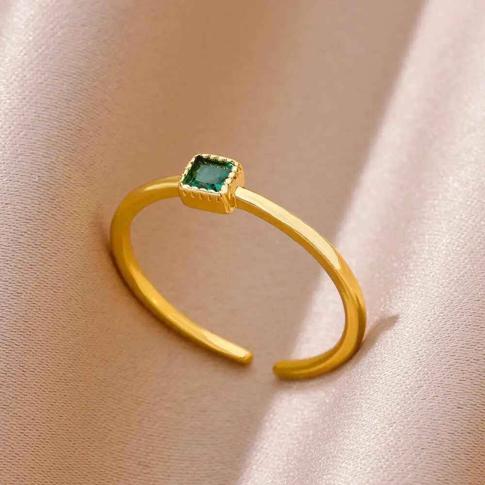 Small Green Square Zircon Rings for Women Vintage Gold Color Round Stainless Steel Ring 2023 Trend Luxury Jewelry Wedding Gifts