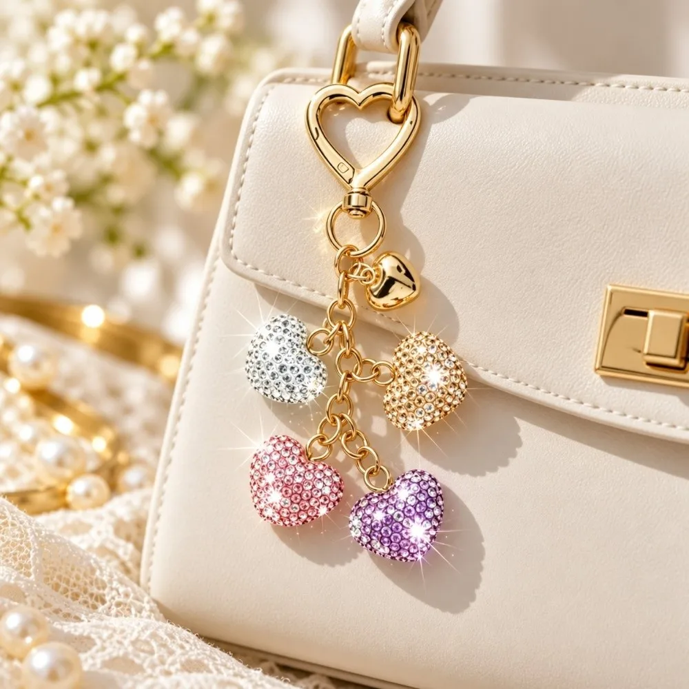 Fashion Layered Crystal Heart Rhinestone Keychain Diamond Bling Bag Pendant Portable Creative Backpack Pendant Handbag Accessory