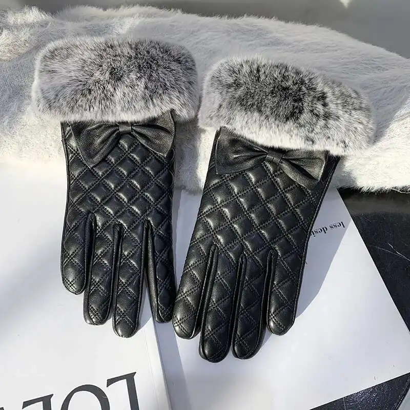 Real Sheepskin Gloves Natural Rex Rabbit Fur Plush Outdoor Thickened Warm Riding Gloves Touch Screen Split Finger Gloves Ladies