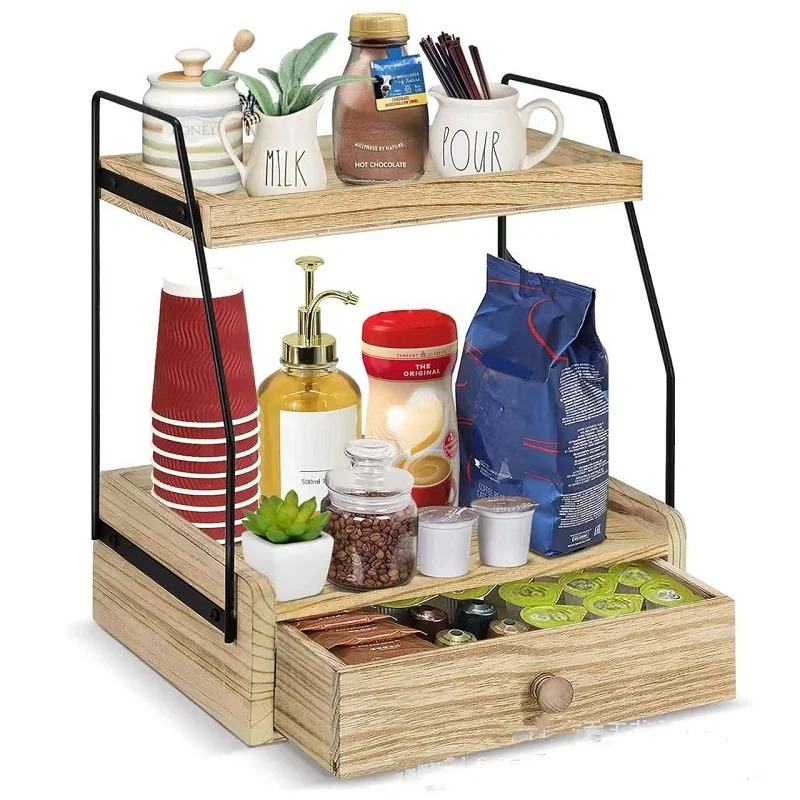 Coffee Station Organizer Coffee Pod Holder Coffee Bar Accessories 2 Tier Wood Counter Shelves For Kitchen Office Countertop