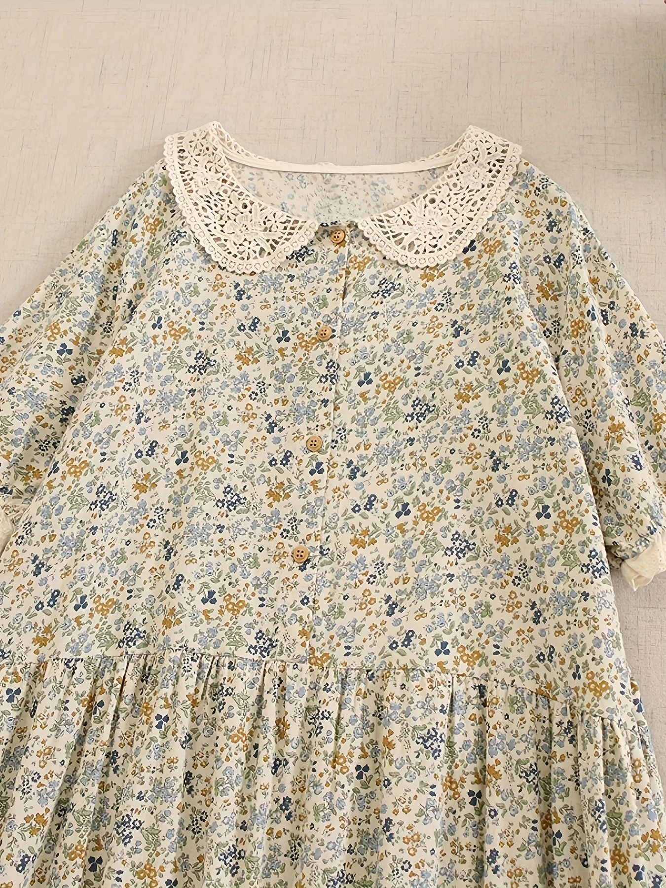 Spring and Summer New Style Loose Casual Versatile Half-Open Front Patchwork Embroidered Lace Hem Long Dress Japanese Mori Girl Style Floral Doll Collar Short-Sleeve Cotton Linen Dress