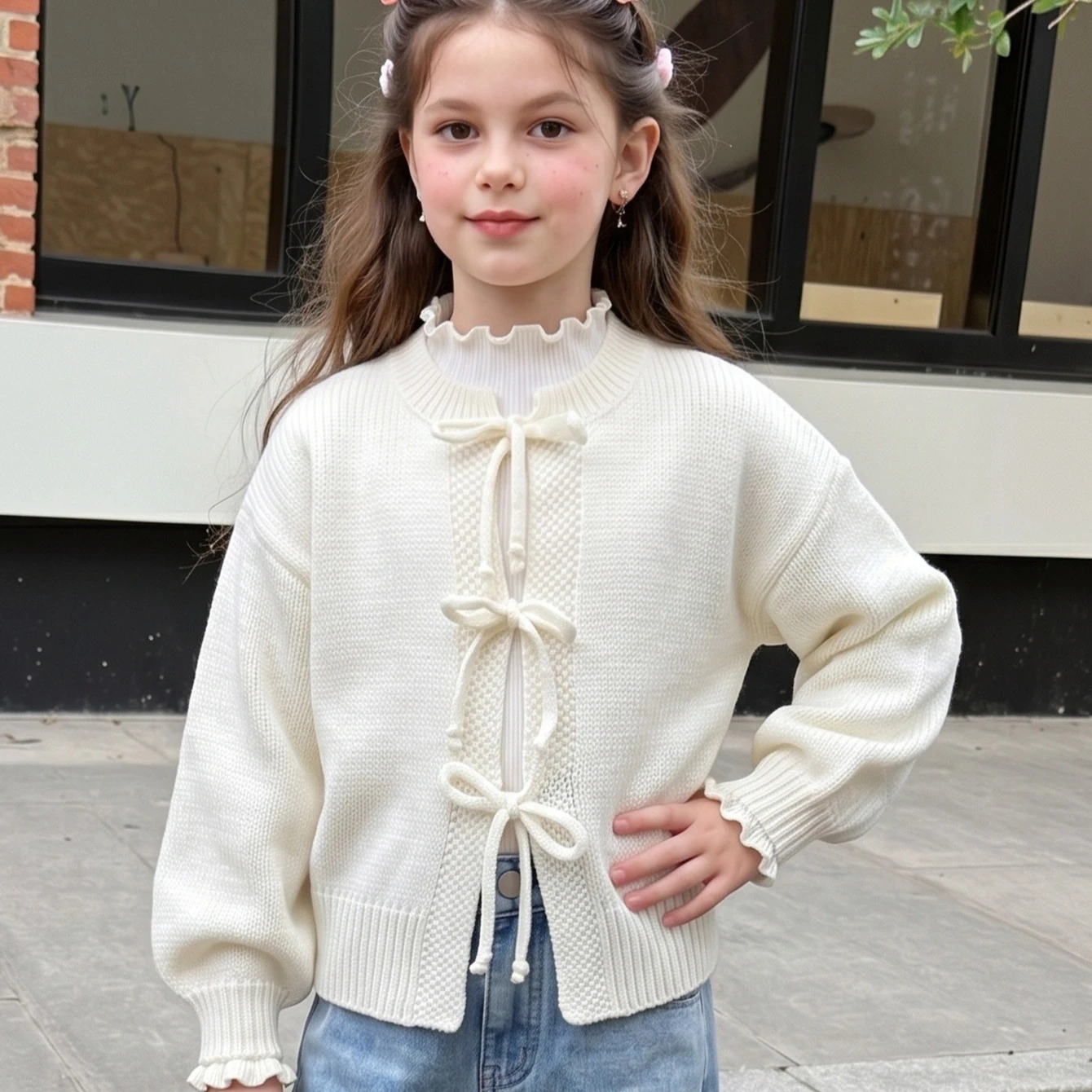 Girls' Sweater 2026 Spring and Autumn New Children's Clothing Girls' Baby Foreign Style Simple Binding Bow Knitted Cardigan