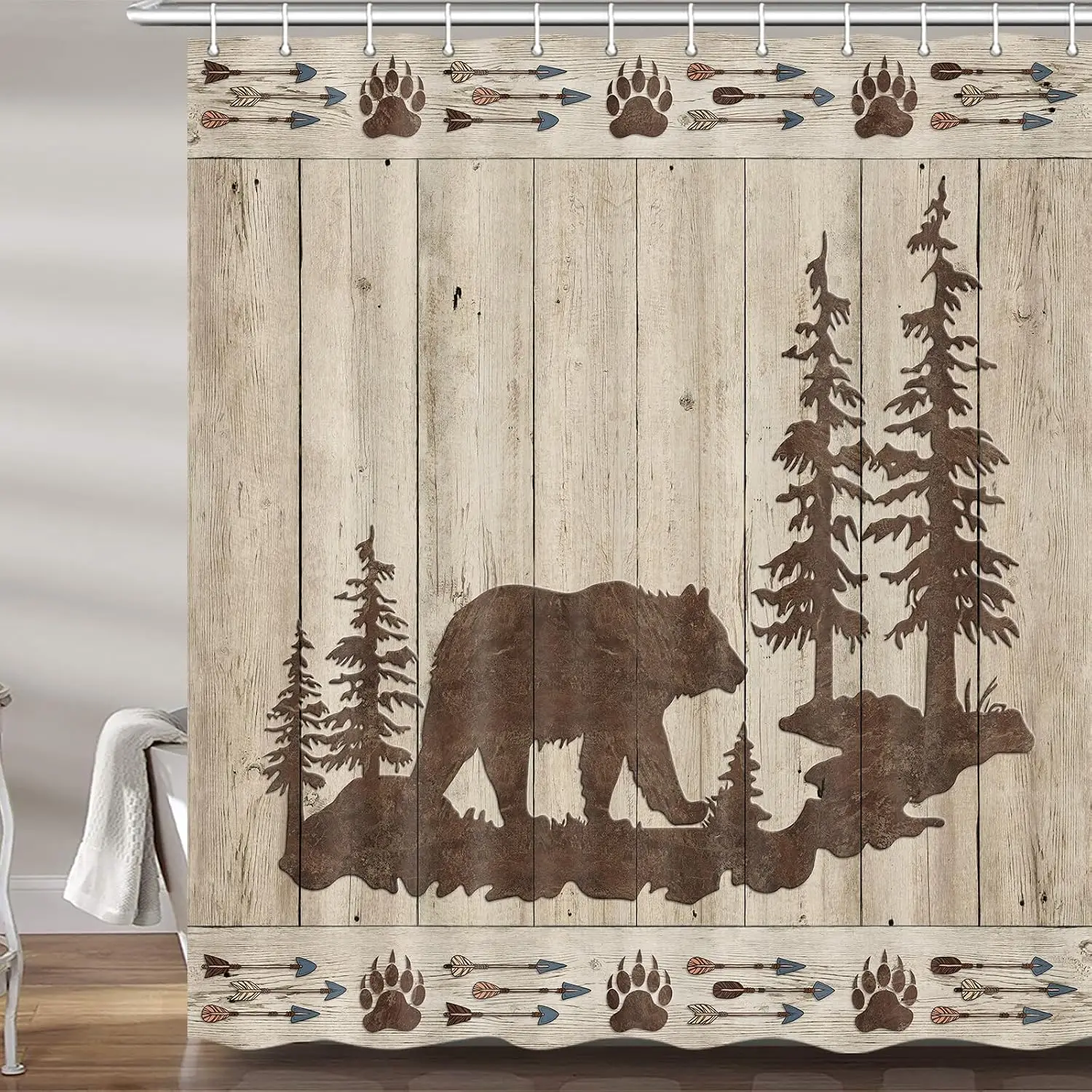 Cabin Forest Bear Shower Curtain, Wild Bear Silhouette Pine Trees Paw Print Arrow Rustic Wood Board Waterproof Partition Curtain