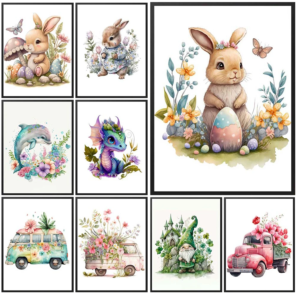 

Easter Bunny Rabbit Flowers Cartoon Nursery Poster Wall Art Canvas Painting Home Decor Wall Pictures For Living Room Unframed