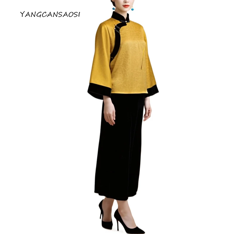 

Women's Fashion Early Autumn New 100% Natural Mulberry Silk Fragrant Cloud Yarn Pan Button Stand Collar Loose Shirt Velvet Skirt