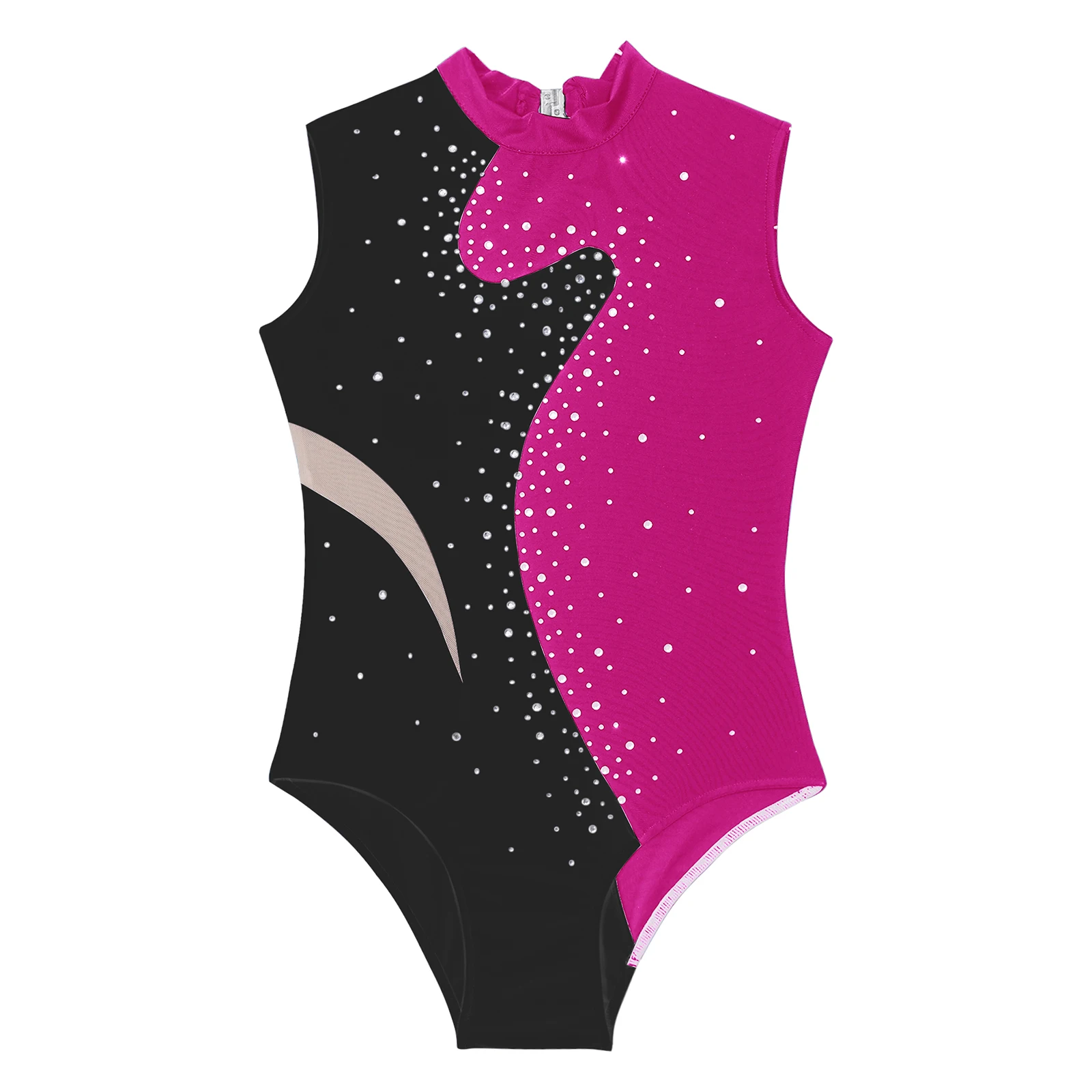 Kids Girls Ballet Dance Gymnastics Leotard Sleeveless Sparkling Rhinestones Color Block Patchwork Bodysuit for Figure Skating